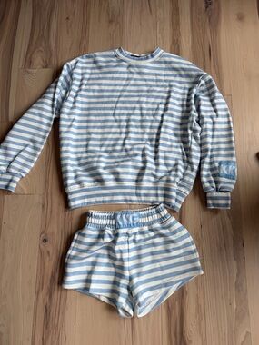 Blue & White Striped Two-Piece Loungewear KKG Sweatshirt and Short Set